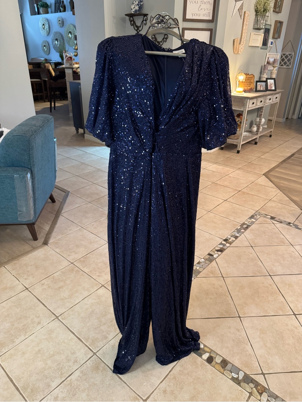 Avenue Navy Blue Sequin Jumpsuit Size 18 Wide Leg Puff Sleeve Party Formal